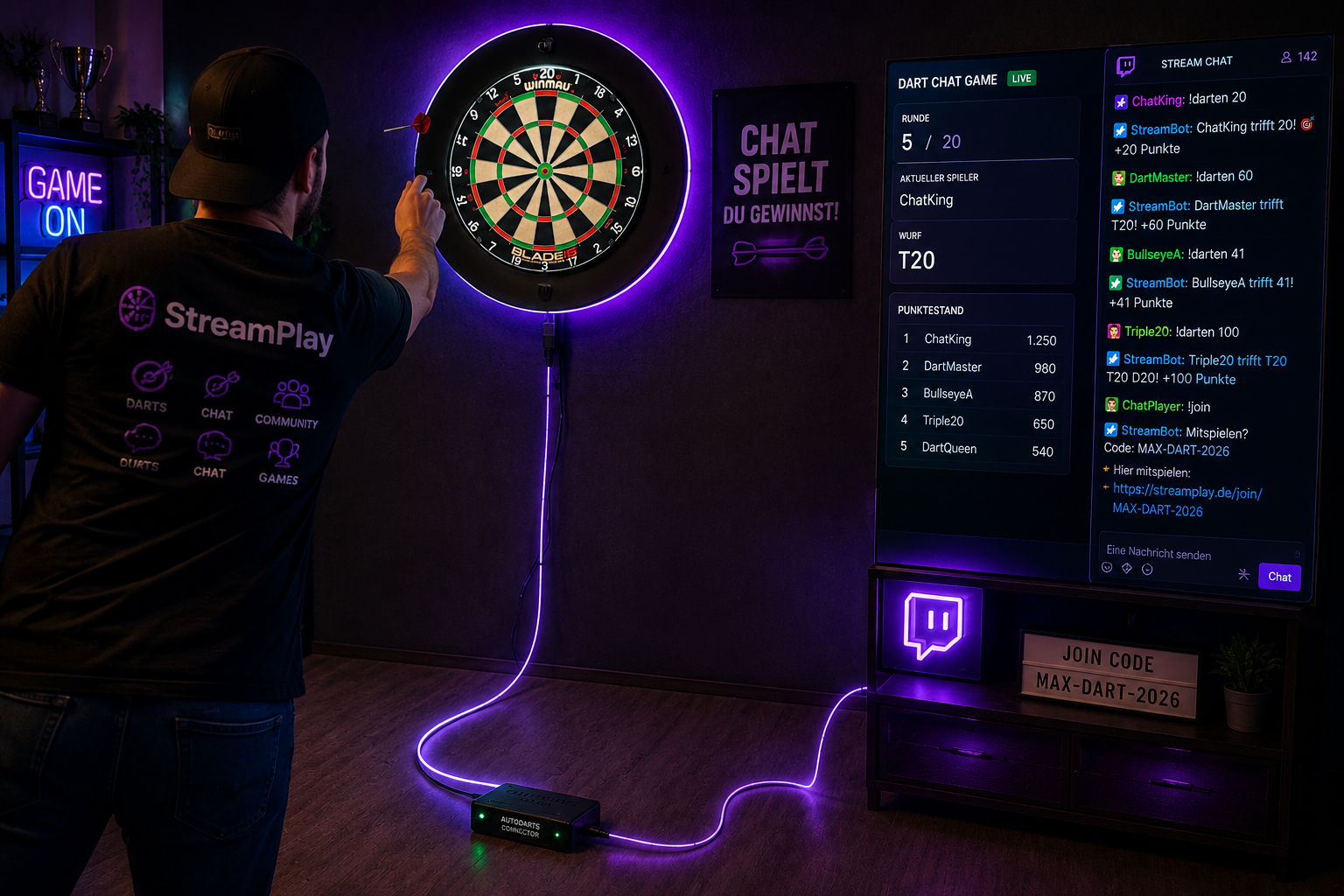 Streamer im StreamPlay-Shirt wirft einen Dart auf die Autodarts-Dartscheibe. Ein leuchtendes violettes Kabel verbindet das Board mit dem Connector und dem Twitch-Chat-System auf einem großen Bildschirm.